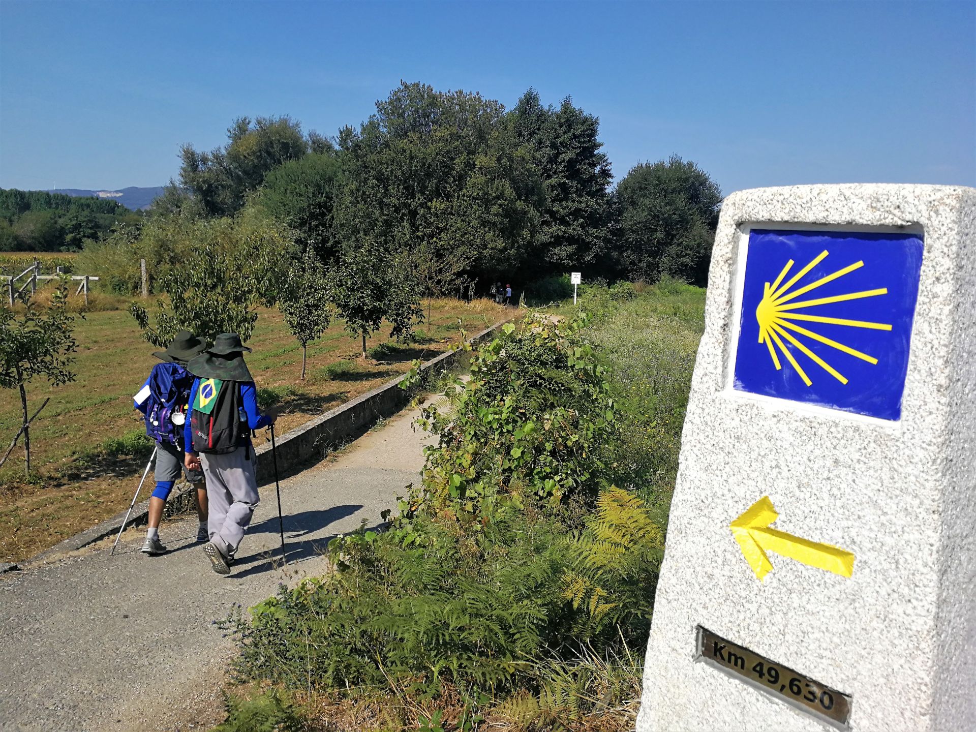 Pilgrims-Passing-a-Camino-Marker-on-a-Sunny-Day.